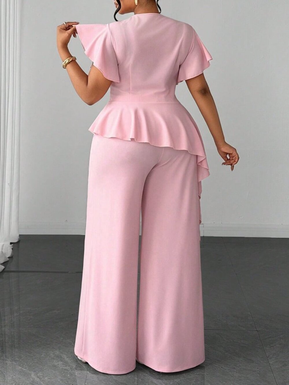 Baby Pink Elegant Women's Plus Size Round Neck Top And Wide Leg Pants Set - Picture 2 of 7